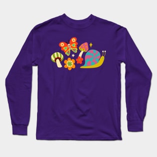 Happy snail and butterfly by Cecca Designs - 70s retro brights Long Sleeve T-Shirt